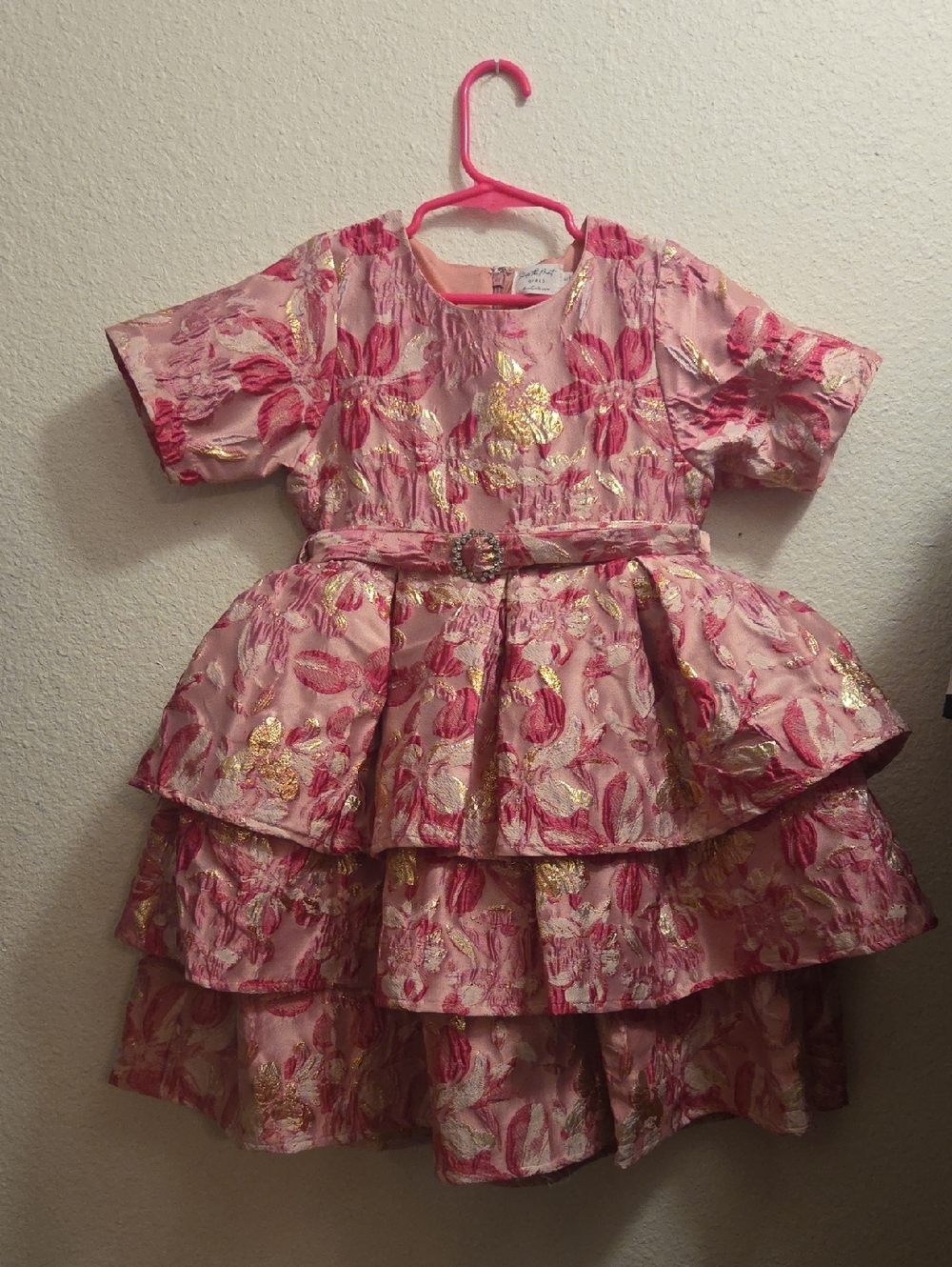 Pink Floral Tiered Party Dress with Gold Accents by
